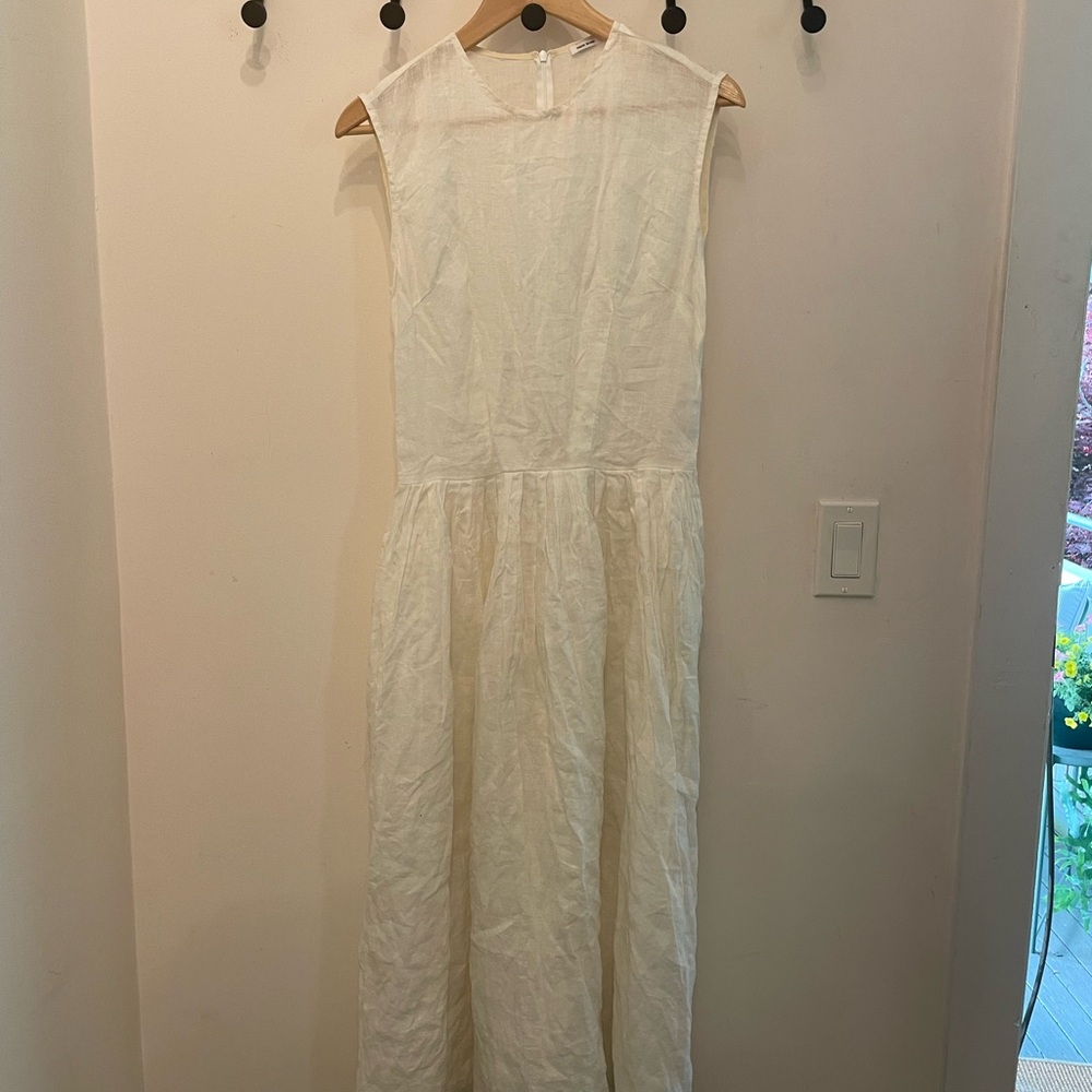 Hazel Brown white linen high neck dress